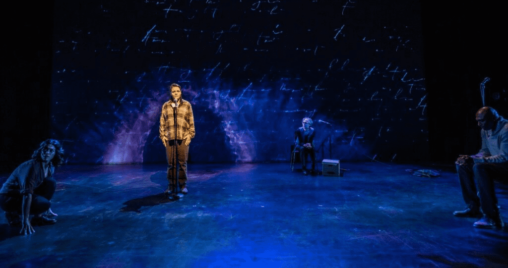 Nightwood Theatre. Grace (2019). Image of Rose Napoli, Michaela Washburn, Brenda Robins, Conrad Coates. Lighting design by Michelle Ramsay, Projection design by Laura Warren, Set and costume design by Joanna Yu. Photo by Dahlia Katz.